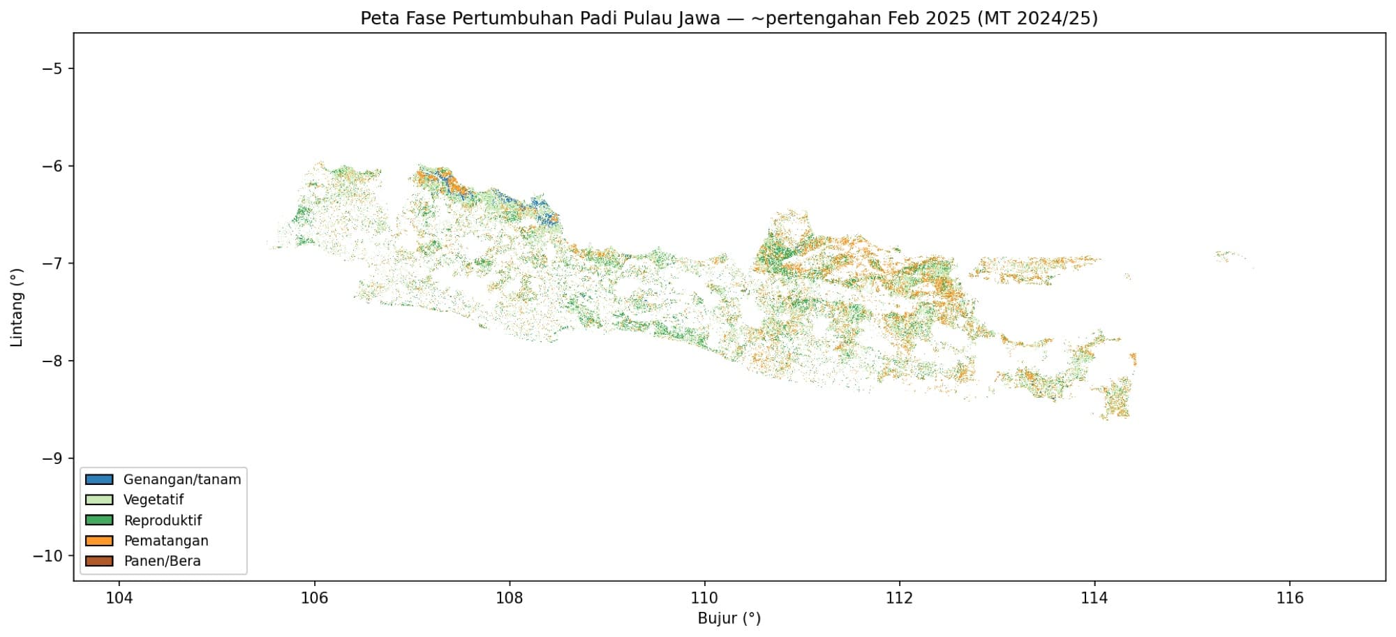 Rice growth-stage map of Java, mid-February 2025