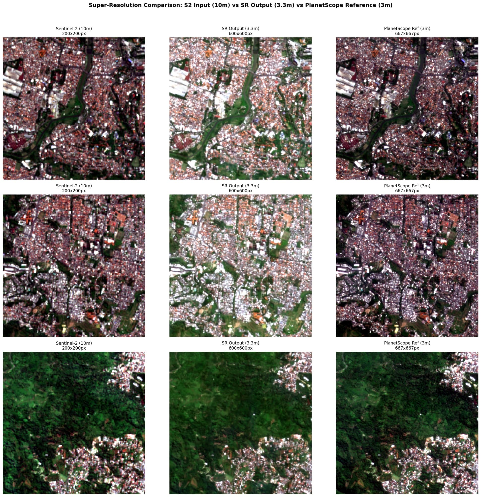 Perbandingan Sentinel-2 (10 m), hasil super-resolusi (3,3 m), dan PlanetScope (3 m)