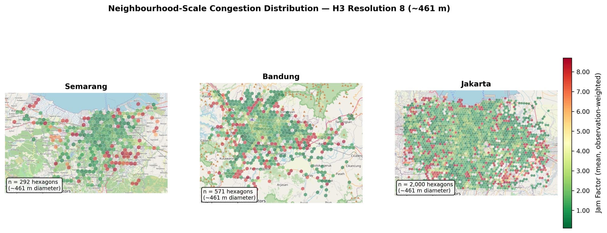 Sebaran kemacetan skala lingkungan (grid H3 ±461 m) di Semarang, Bandung, dan Jakarta